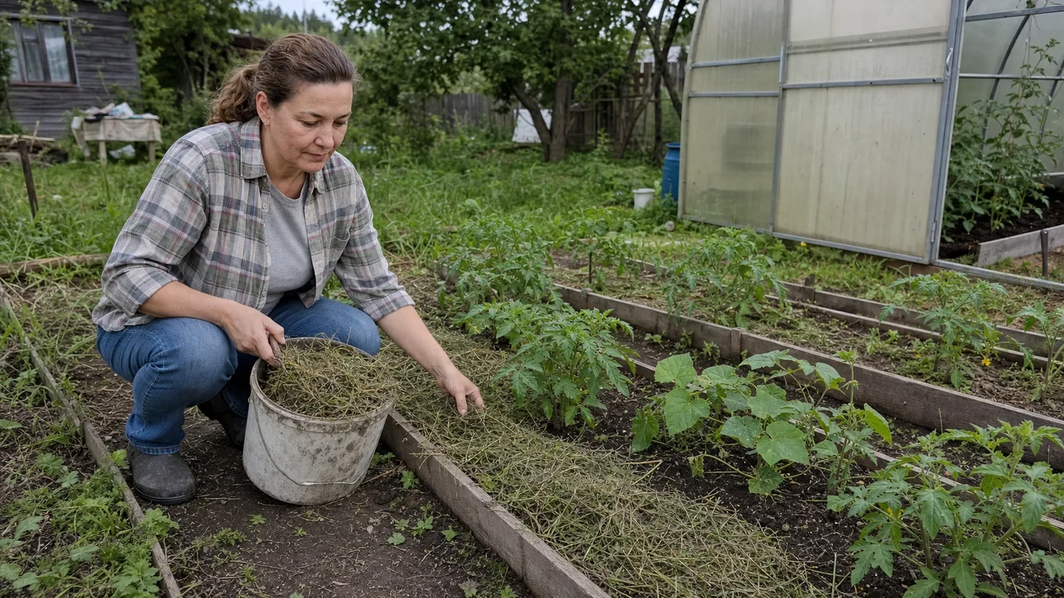 Ирина Белова раскладывает подсушенную скошенную траву на овощной грядке
